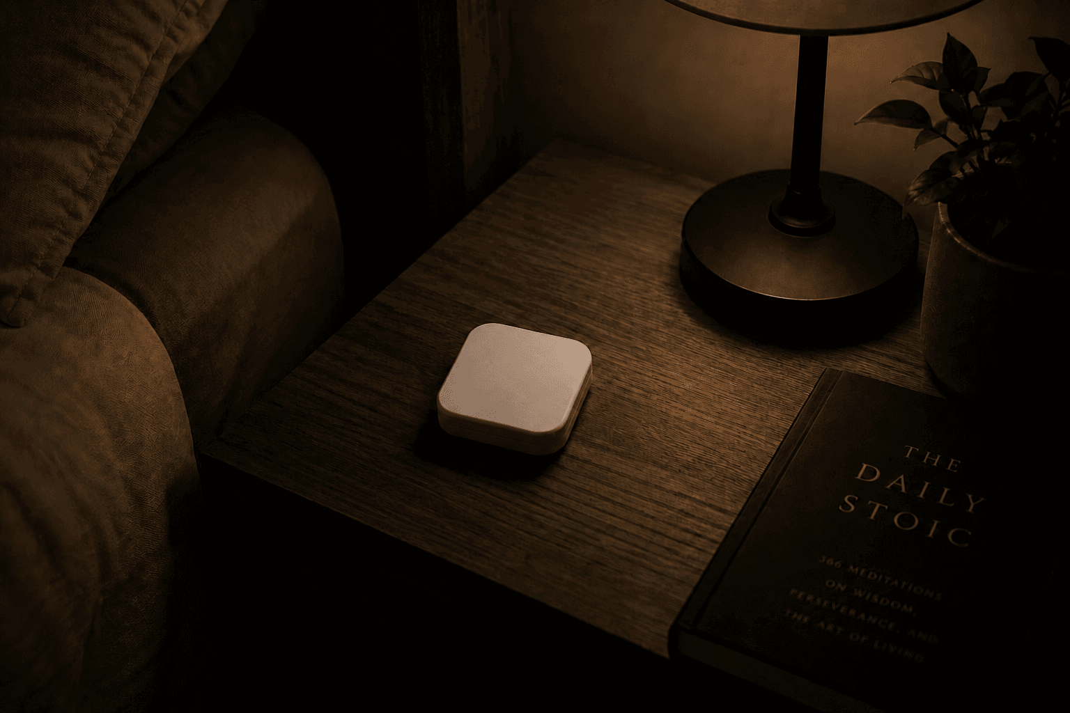 A white Slate block on a wooden nightstand beside a lamp, a plant, and The Daily Stoic book at night