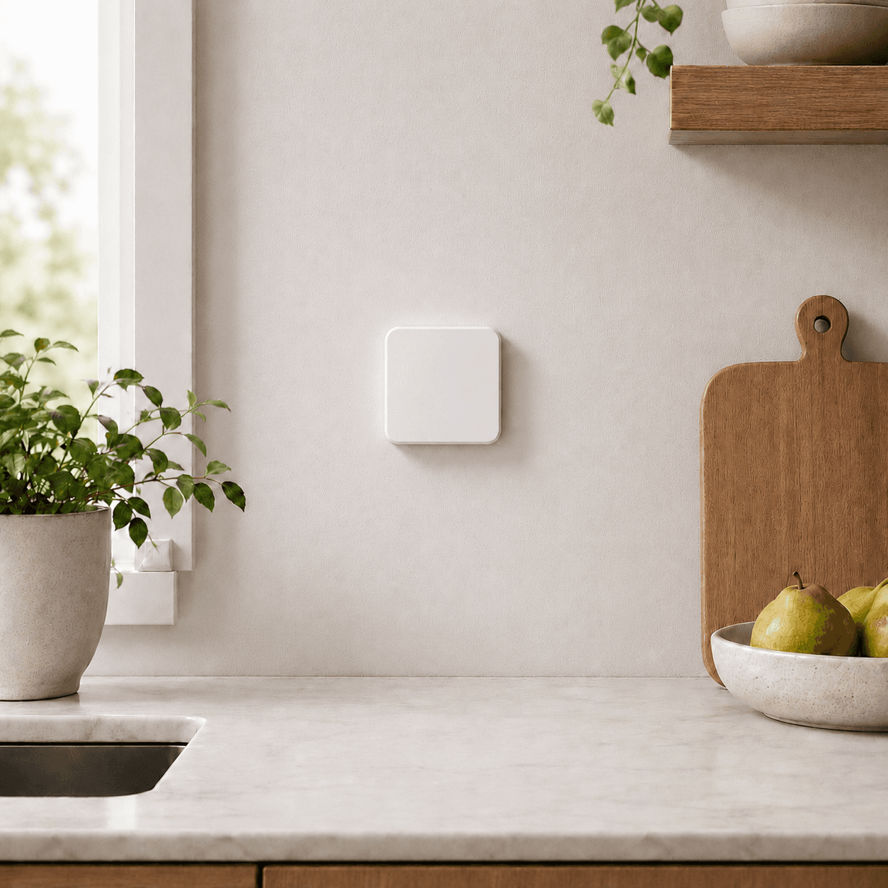 A white Slate block mounted on a kitchen wall above a marble counter with a plant, cutting board, and a bowl of pears